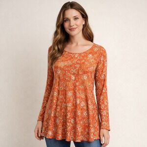 Cato Womens Orange Floral Paisley Knit Tunic Top Long Sleeve Plus Size 18/20W